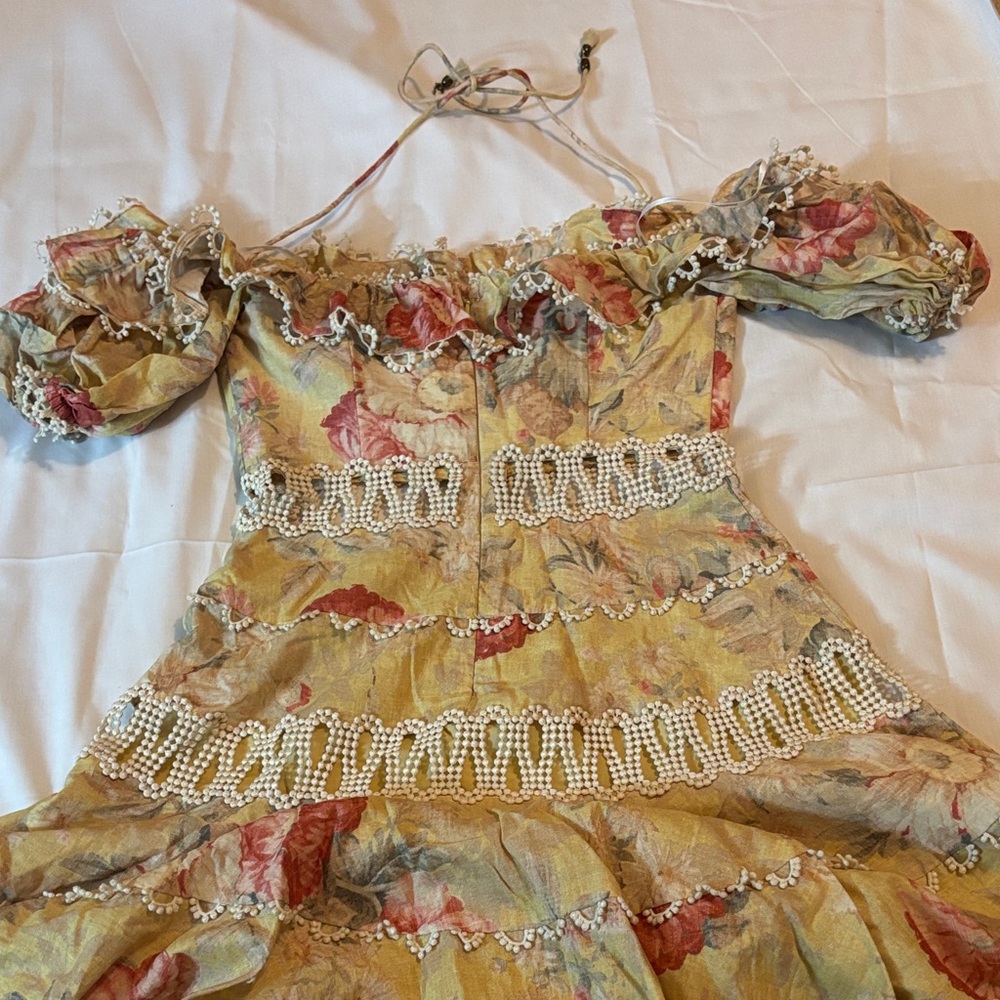 Zimmermann Yellow Floral Puff-Sleeve Dress with Pearl Trim - Picture 7 of 7